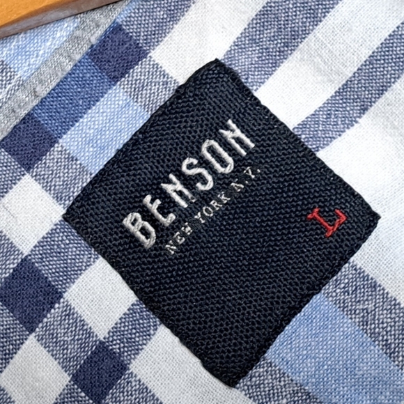 Benson New York Men's Button  Down Shirt 100% Linen White Blue Check Large - Picture 7 of 9